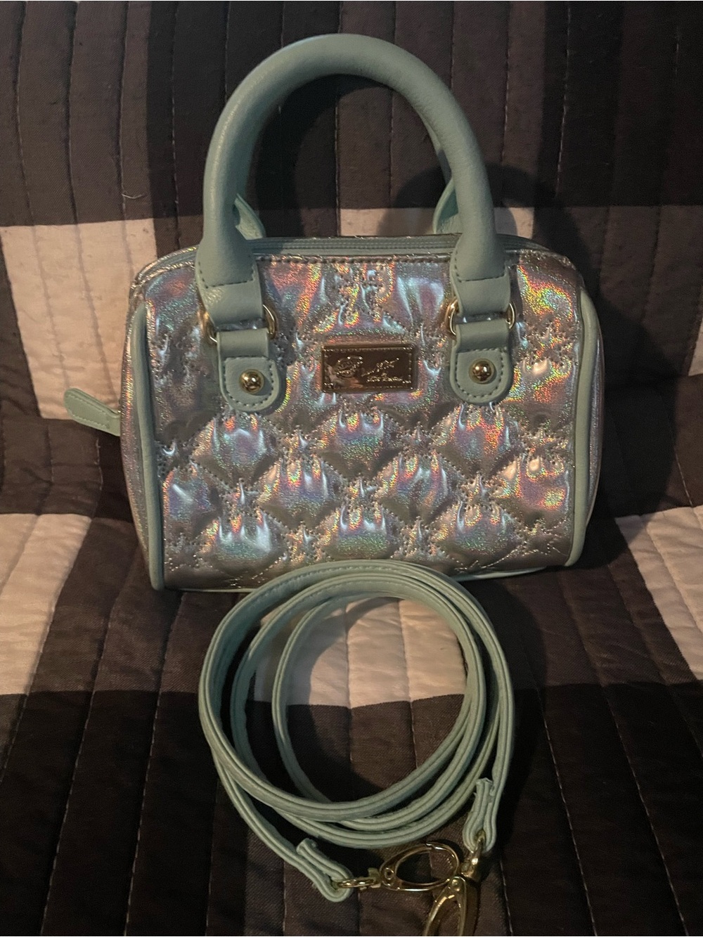 Luv Betsey by Betsey Johnson Silver Holographic Star Quilted Crossbody Mini